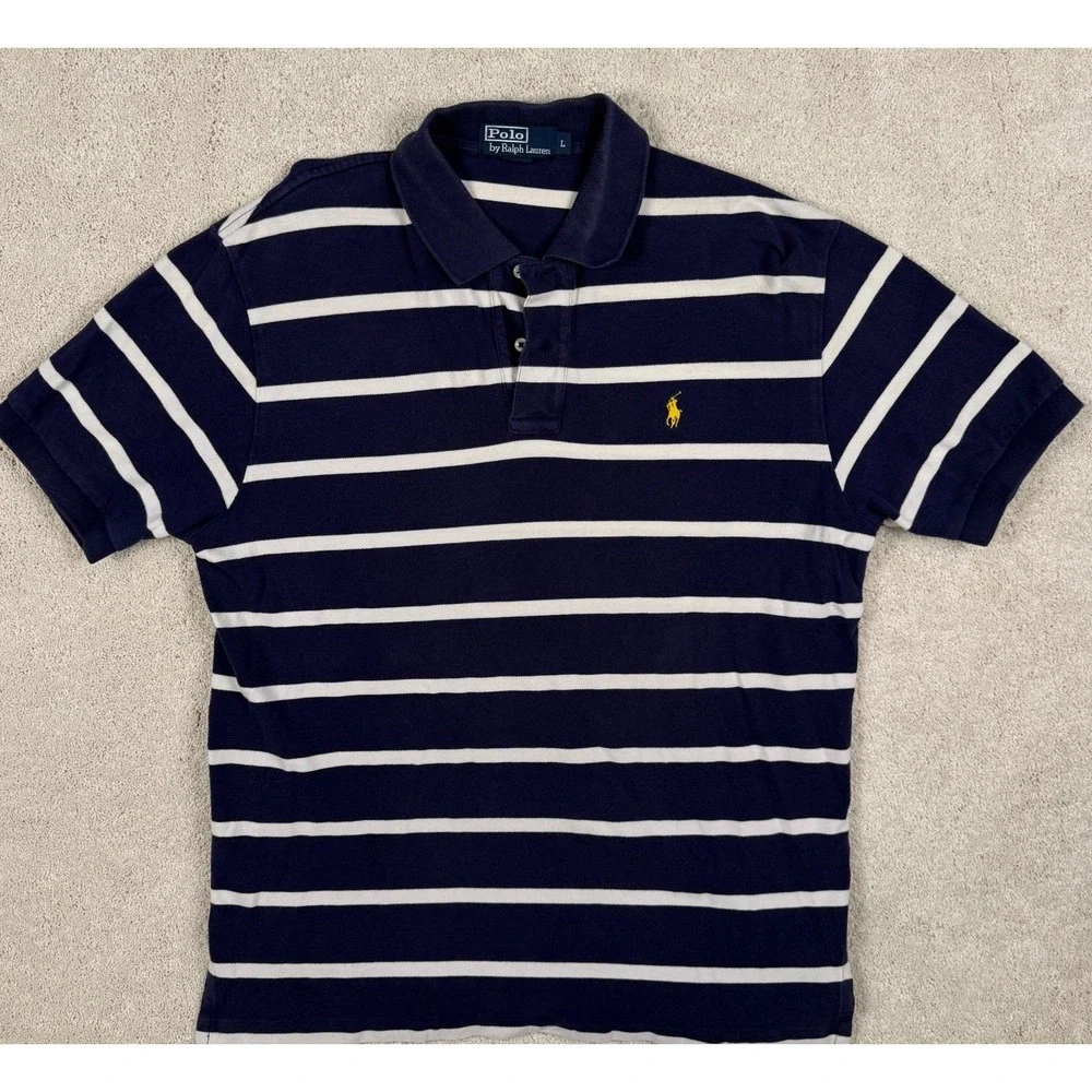 RALPH LAUREN POLO Men's Large Navy Striped Y2K Shirt Preppy 100% Cotton #1430